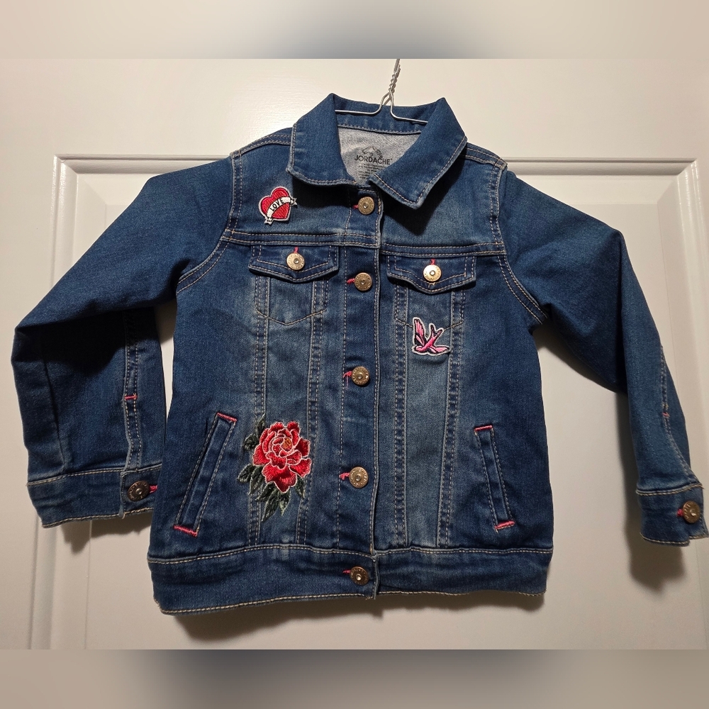 Jordache Kids Blue Jean Jacket with Patch Detail And Pink Embroidery